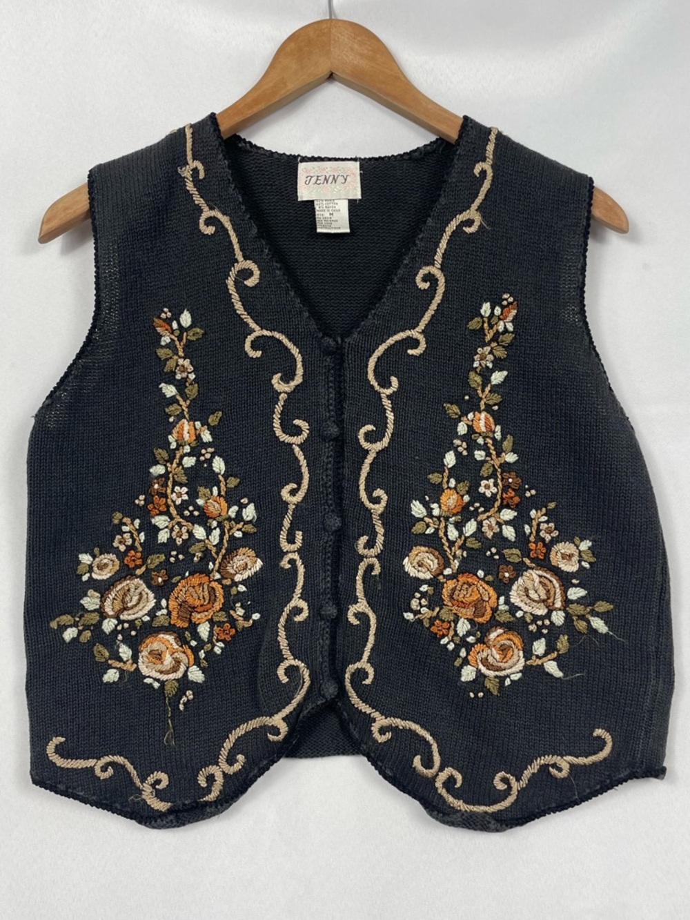 Vtg Jenny Embroidered Vest Black Knit Med Moody Floral Grandma Cottagecore